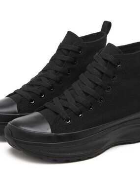 Women's Black Classic Casual Comfortable Canva High Top Platform Sneaker Shoes